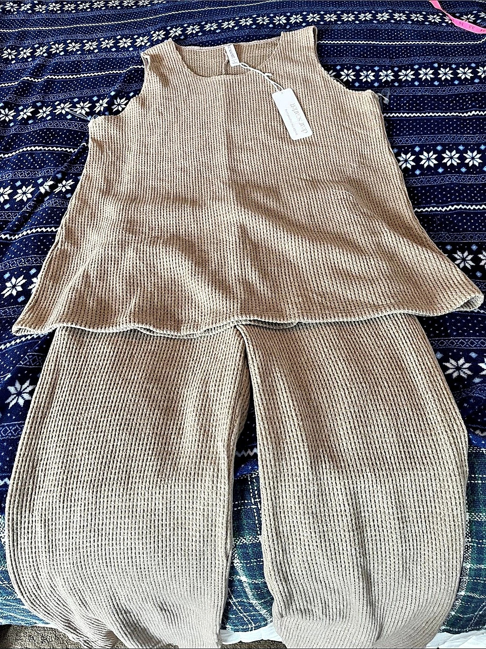 Dear Scarlett Knit Tan Set Including Pants, Sleeveless Top, Long Cardigan Size L